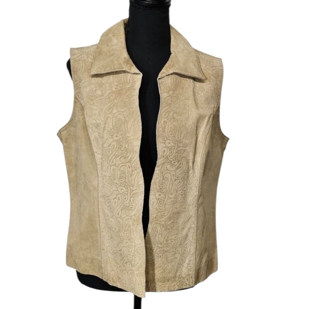 Coldwater Creek 100% Leather Embossed Tan Open Front Vest Size M